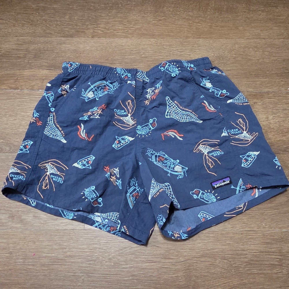 Patagonia Baggies Shorts Mens Small Navy Blue Clean Oceans NetPlus 5 Inseam